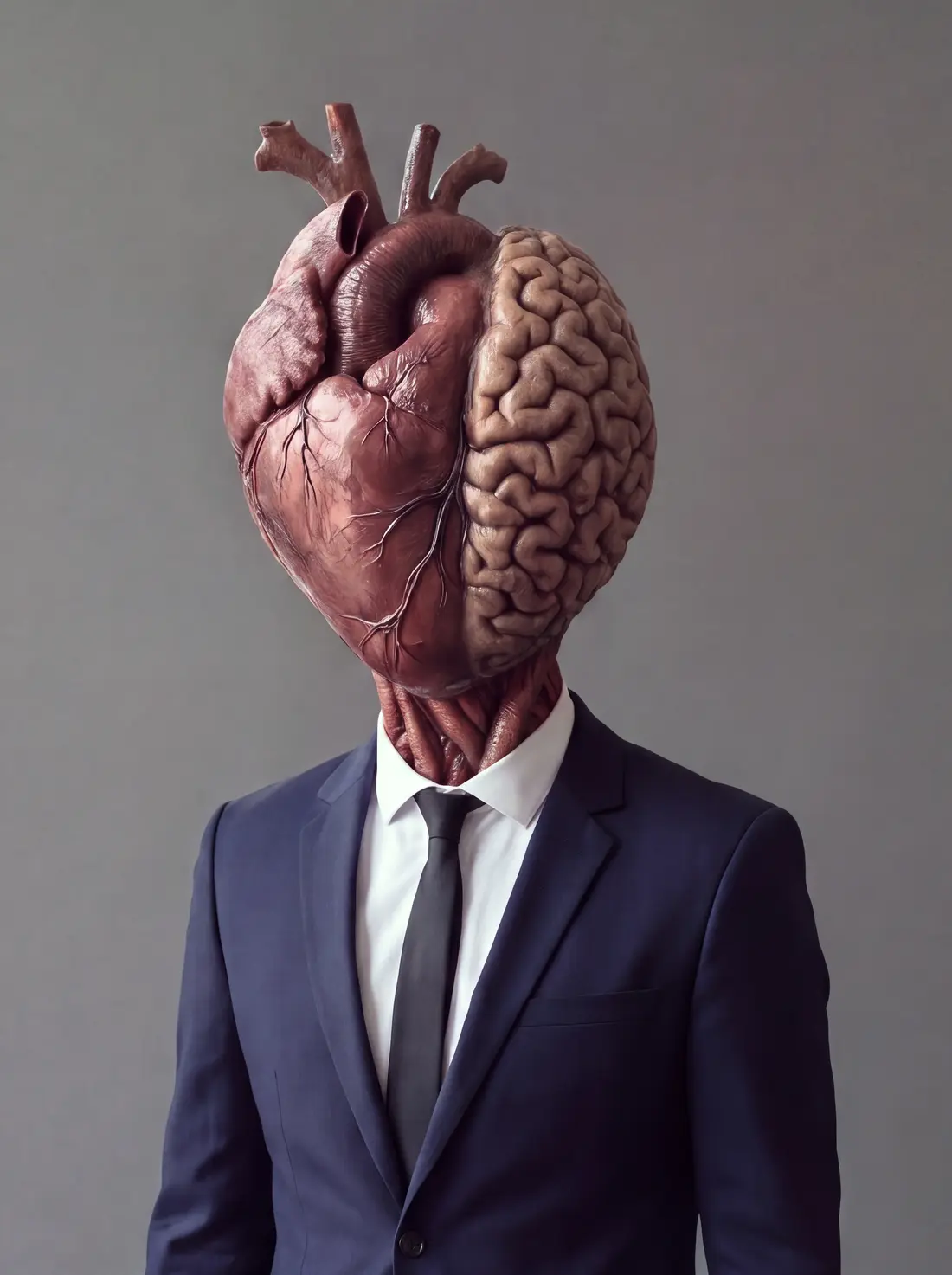 Mente y Corazón: un hombre de traje con un corazón y un cerebro por cabeza